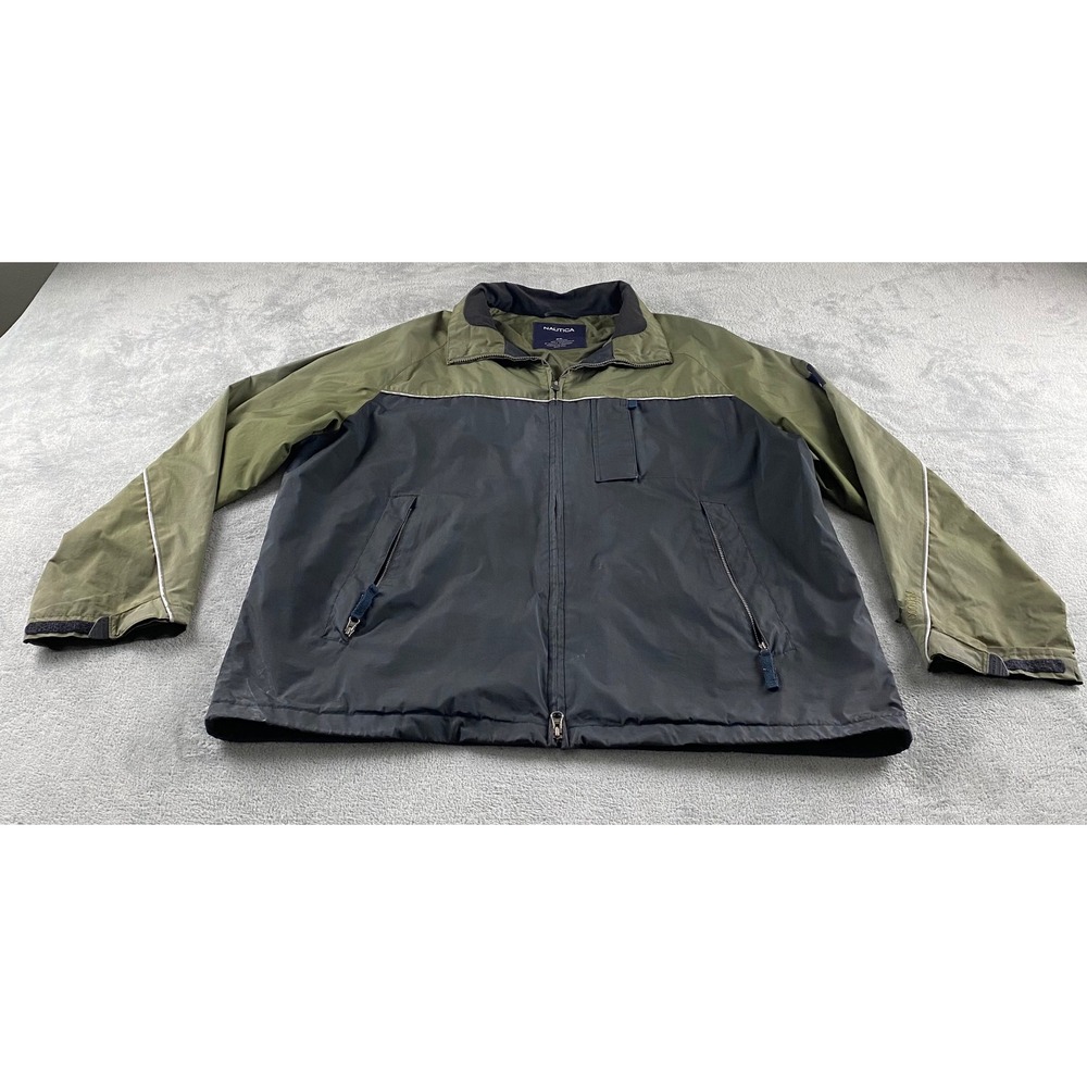 Nautica NX1000 Mens XL Colorblock Performance Jacket Olive Green Navy Full Zip